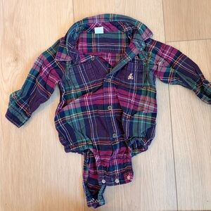 GAP Plaid Button-Up Romper in Purple, Green and Pink